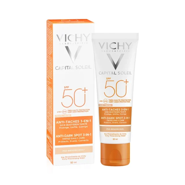P1250973 Protector Solar Facial Vichy Capital Soleil Antimanchas 3 en 1 SPF50+ con Color 50ml - Imagen 1